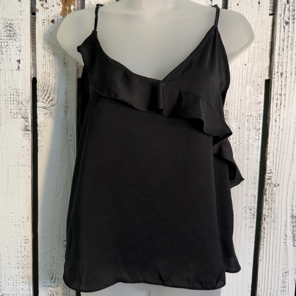 Flirty Black Ruffle Camisole Top Plus XXL V-Neck Adjustable Strap Coquette Silky